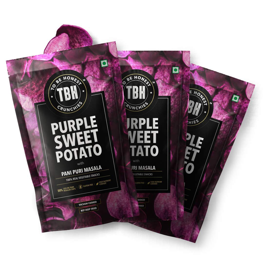 TBH - To Be Honest Vegetable Chips | Purple Sweet Potato with Pani Puri Masala |Gluten Free|High Fibre |Vegan Friendly | Low Fat | 50% Less Oil | No Preservatives Snack - Pack of 3 (75 gm * 3)