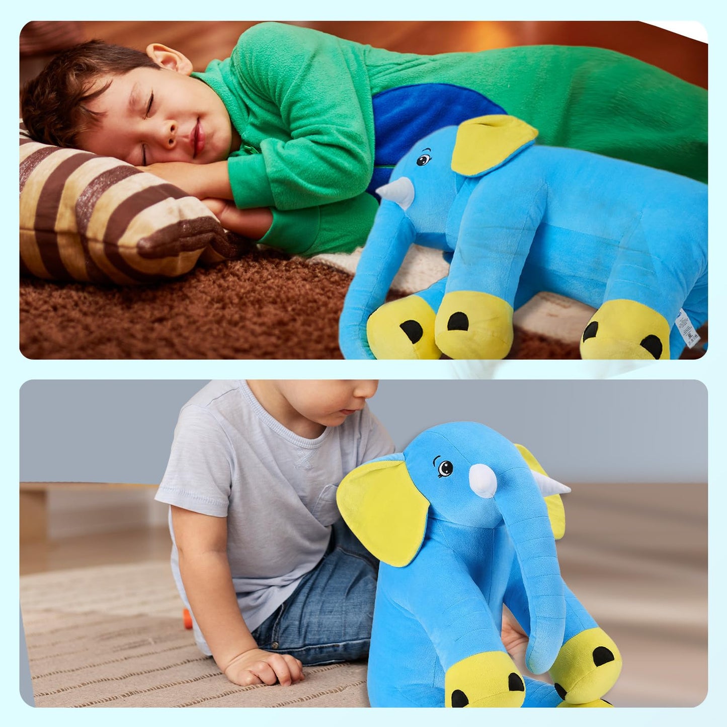 Amazon Brand - Jam & Honey Elephant Plush Hugging Pillow | Soft Toy for Kids | Non-Toxic & Safe | BIS-Approved (Blue)