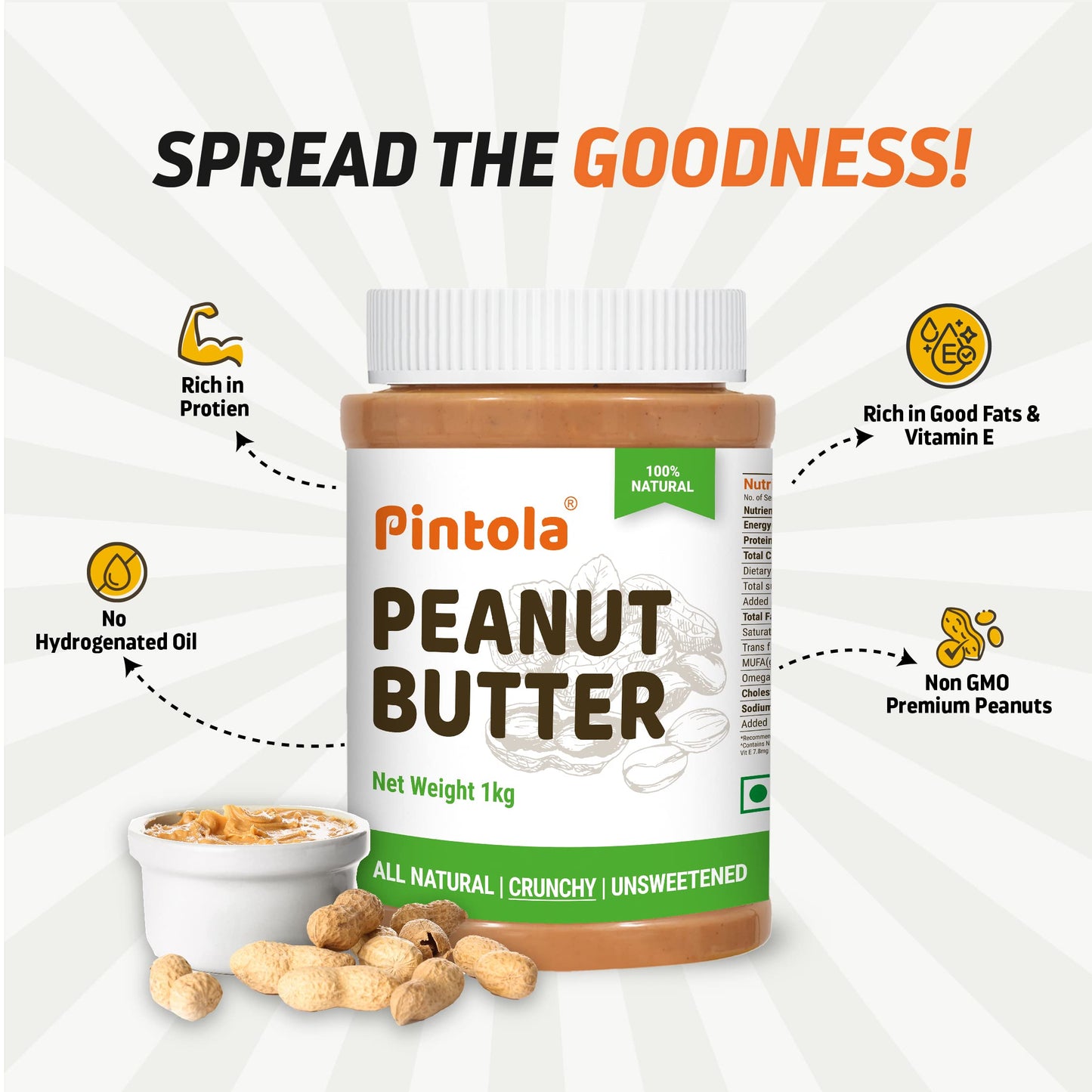 Pintola All Natural Peanut Butter Crunchy 1kg | Unsweetened | 30g Protein | Vegan Peanut Butter, 100% Pure Roasted Peanuts | Non Gmo | High in Protein Spread, Gluten & Cholesterol Free, Nut Butter