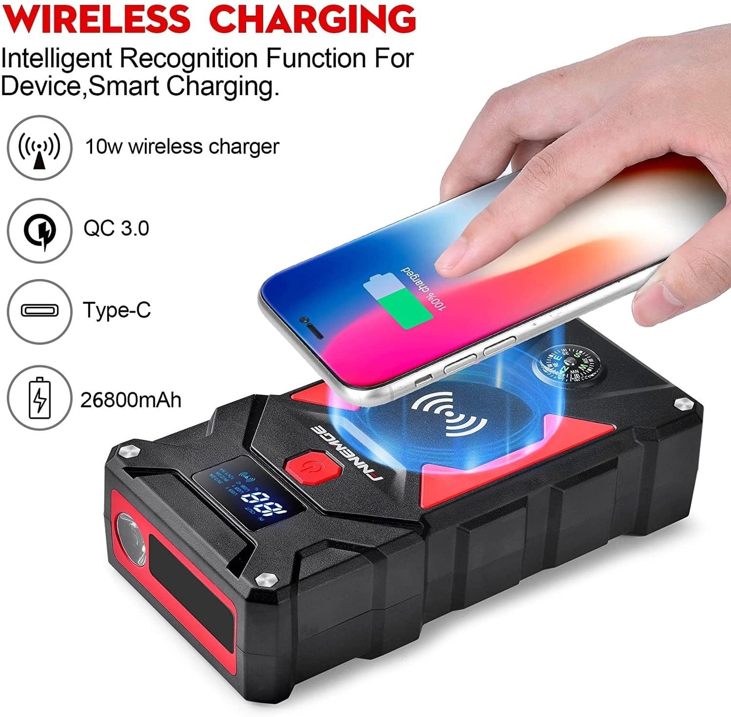 FNNEMGE Car Jump Starter 6000A Peak, 26800mAh Capacity, Up to All Gas and 10.0L Diesel Engine, USB Quick Charge 3.0, LED Light, EC-5 Output (6000A/26800mAh)