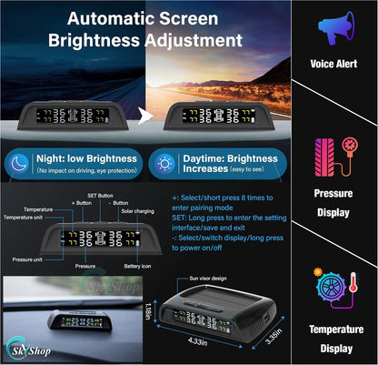 Skyshop® C240 Prime (Voice Alert) External USB/Solar TPMS (Car Tyre Pressure Monitoring System) Tire Pressure & Temperature Display