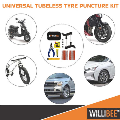 WILLIBEE 8-in-1 Tubeless Tyre Puncture Repair Kit for Car, Bike, Scooter & SUV - Universal Emergency Tyre Fix Tool Set, Flat Tire Puncher Repair Kit (with Storage Bag).