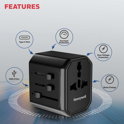 Honeywell New Launch Universal Travel Adapter 12W, 3-in-1 Fast Charging, Universal Socket, TypeC, USBA, Worldwide Wall Charger for EU,US,UK & CN/AUS, Devices, 3Yr Manufacturer Warranty