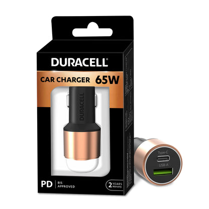 Duracell 65W Fast Car Charger Adapter with Dual Output. Quick Charge, Type C PD 45W & Qualcomm Certified 3.0 20W, Compatible for iPhone, All Smartphones, Tablets & More (Copper & Black)