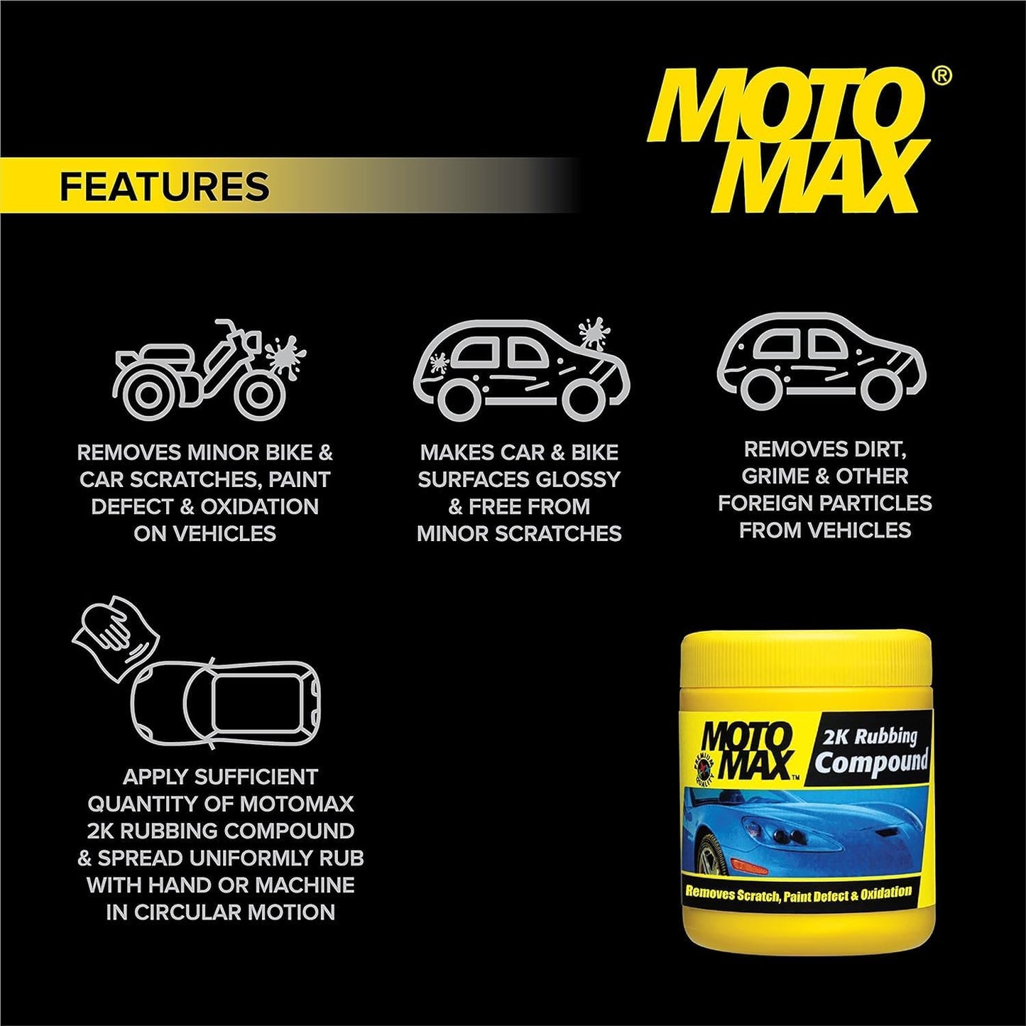 Motomax 2K Rubbing Compound 100g, Pack of 3 | Removes Minor Scratches, Swirl Marks, Paint defect and Oxidization from metal surfaces on Cars, Bike, Motorbikes