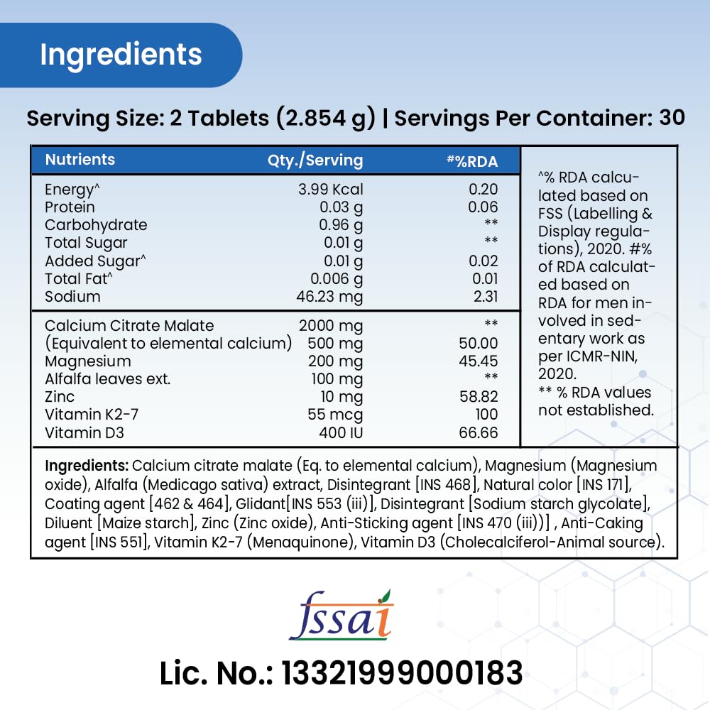 TATA 1mg Calcium & Vitamin D3 supplement with Zinc, Magnesium & Alfalfa | High absorption Calcium Citrate Maleate form | 500mg Calcium & 400iu Vitamin D3 | For strong bones & joints | 60 tablets