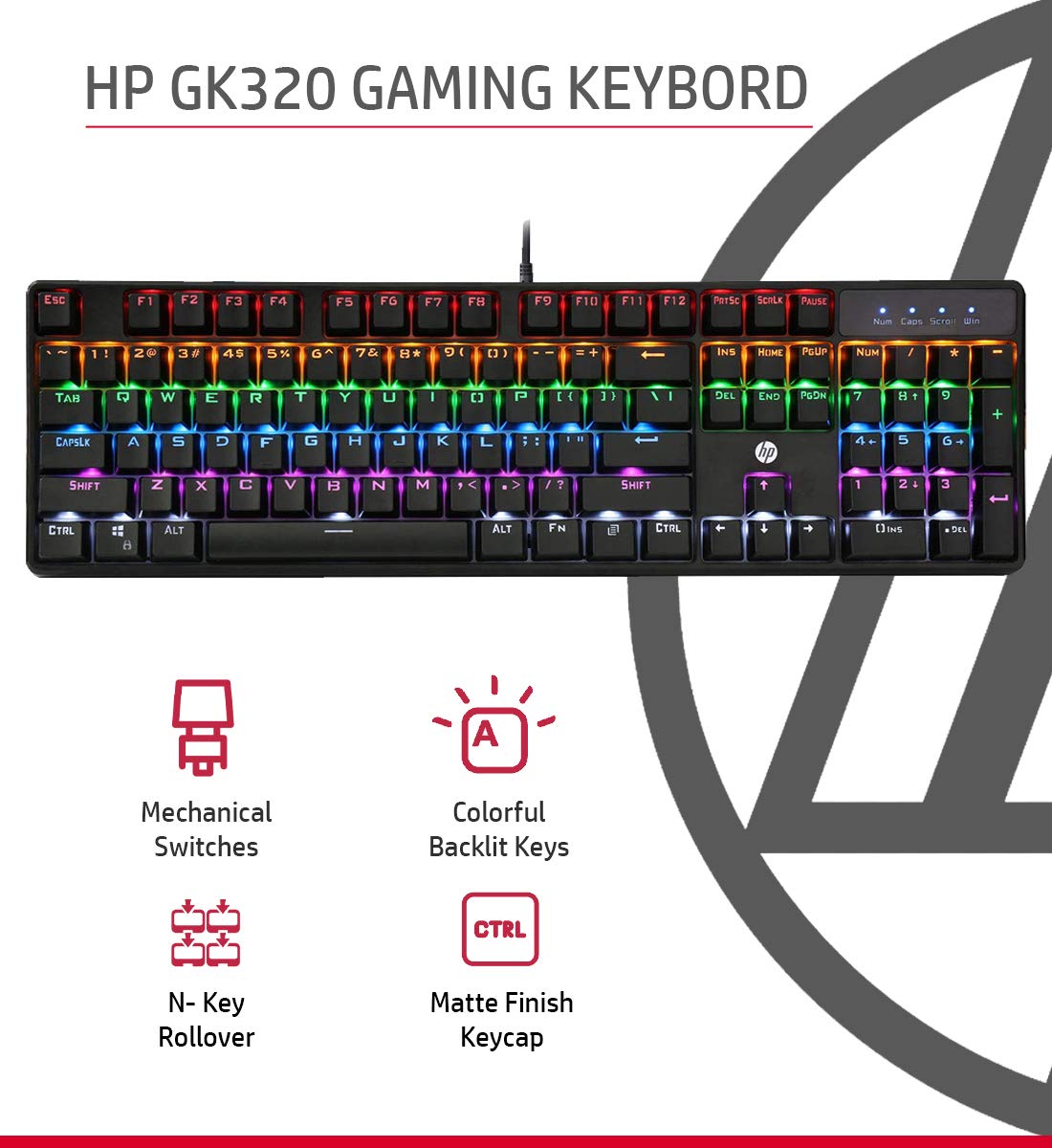 HP GK320 Wired Full Size RGB Backlight Mechanical Gaming Keyboard, 4 LED Indicators, Mechanical Switches, Double Injection Key Caps, and Windows Lock Key