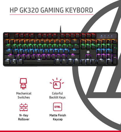 HP GK320 Wired Full Size RGB Backlight Mechanical Gaming Keyboard, 4 LED Indicators, Mechanical Switches, Double Injection Key Caps, and Windows Lock Key