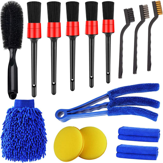 SWAMINE 15 PCS Car Detailing Brush Set, Exterior Interior Car Detail Kit Auto Cleaning Brush for Wheels,Leather(Detail Brushes, Wheel Brush, Wash Mitt,Vent Brush,Wax Applicator Pads,Towels,WireBrushs)