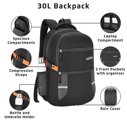 Safari Omega spacious/large laptop backpack with Raincover, college bag, travel bag for men and women, Black, 30 Litre