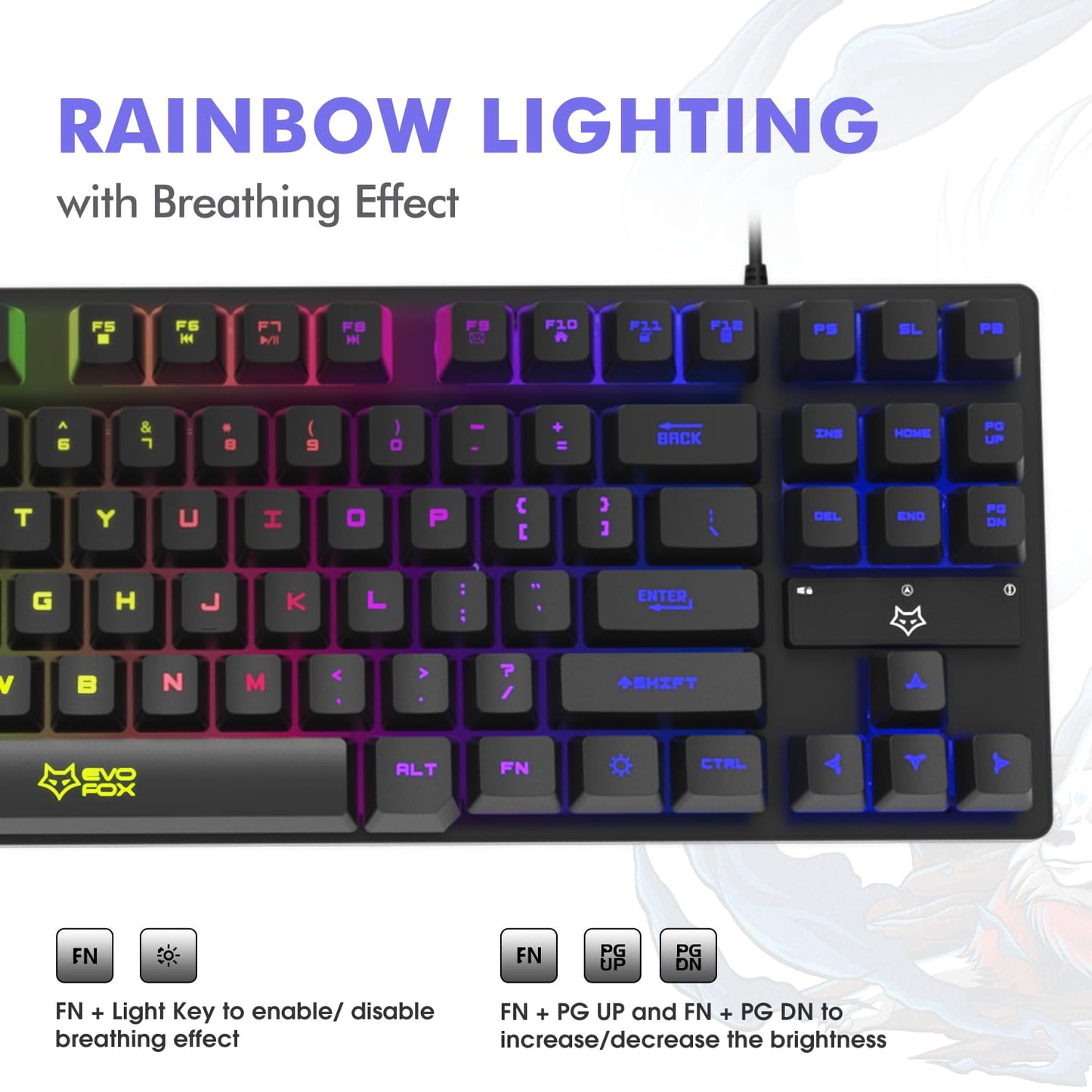 EvoFox Fireblade Wired TKL Gaming Keyboard with Breathing Effect |Backlit Keyboard Membrane, Mixed Color Lighting, Floating Keycaps, 19 Anti-Ghosting Keys, Windows Lock Key, Braided Cable (Black)