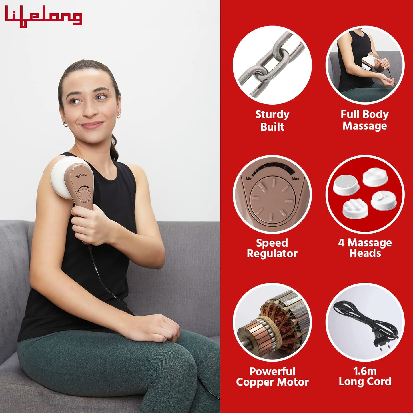 Lifelong Full Body Massager Machine for Pain Relief | Body & Back Pain Relief Product | Handheld Electric Manipol Mini Massager | 5-Speed Settings | Best Gift for Women & Men (LLM270, Brown)