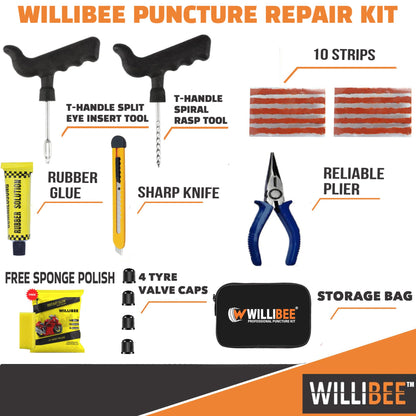 WILLIBEE 8-in-1 Tubeless Tyre Puncture Repair Kit for Car, Bike, Scooter & SUV - Universal Emergency Tyre Fix Tool Set, Flat Tire Puncher Repair Kit (with Storage Bag).