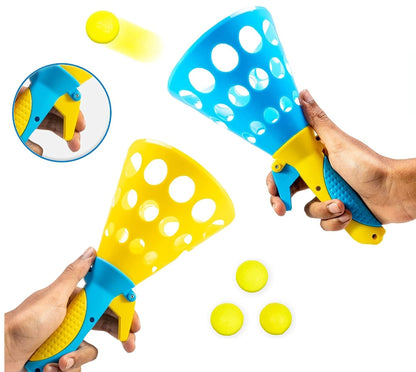 Storio Click and Catch Twin Ball Launcher Game with 3 Balls Indoor Outdoor Toy Set, Pop & Catch Ball Play Fun Boys & Girls - Multicolor