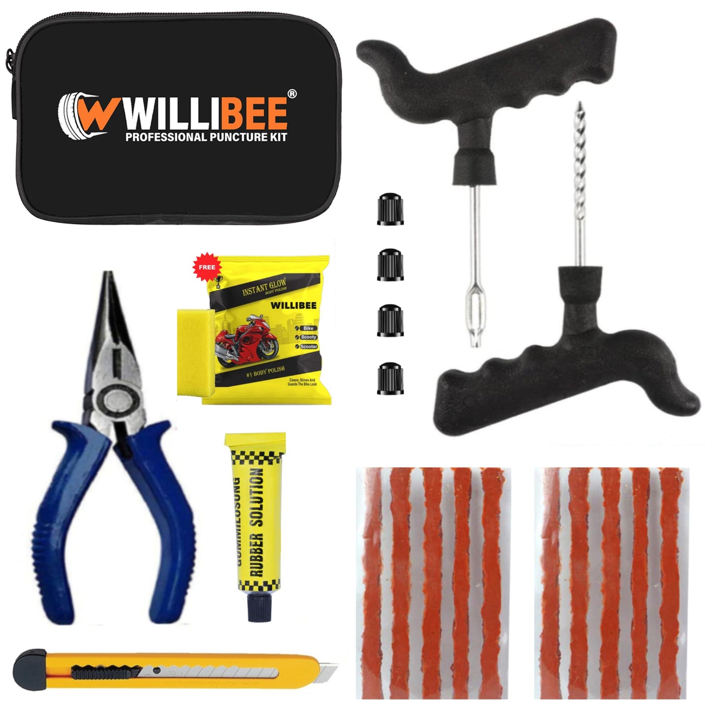 WILLIBEE 8-in-1 Tubeless Tyre Puncture Repair Kit for Car, Bike, Scooter & SUV - Universal Emergency Tyre Fix Tool Set, Flat Tire Puncher Repair Kit (with Storage Bag).