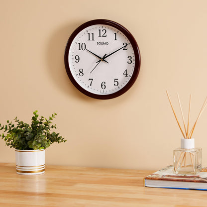 Amazon Brand - Solimo Round Wall Clock | Wooden Look | Plastic | 10 Inch | Brown - Analog