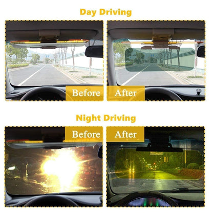 Before and after view showing the effectiveness of the Day and Night Anti-Glare Car Sun Visor Extender in blocking glare and enhancing visibility