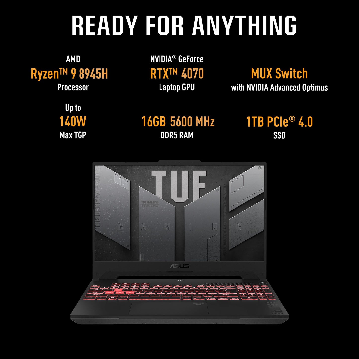 ASUS TUF Gaming A15 (2024), 15.6" (39.62cm) FHD 144Hz, AMD Ryzen 9 8945H, Gaming Laptop (16GB DDR5/1TB SSD/NVIDIA GeForce RTX 4070 /Windows 11/Office 2021/Mecha Gray/2.20 Kg), FA507UI-LP066WS