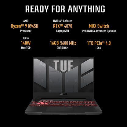 ASUS TUF Gaming A15 (2024), 15.6" (39.62cm) FHD 144Hz, AMD Ryzen 9 8945H, Gaming Laptop (16GB DDR5/1TB SSD/NVIDIA GeForce RTX 4070 /Windows 11/Office 2021/Mecha Gray/2.20 Kg), FA507UI-LP066WS