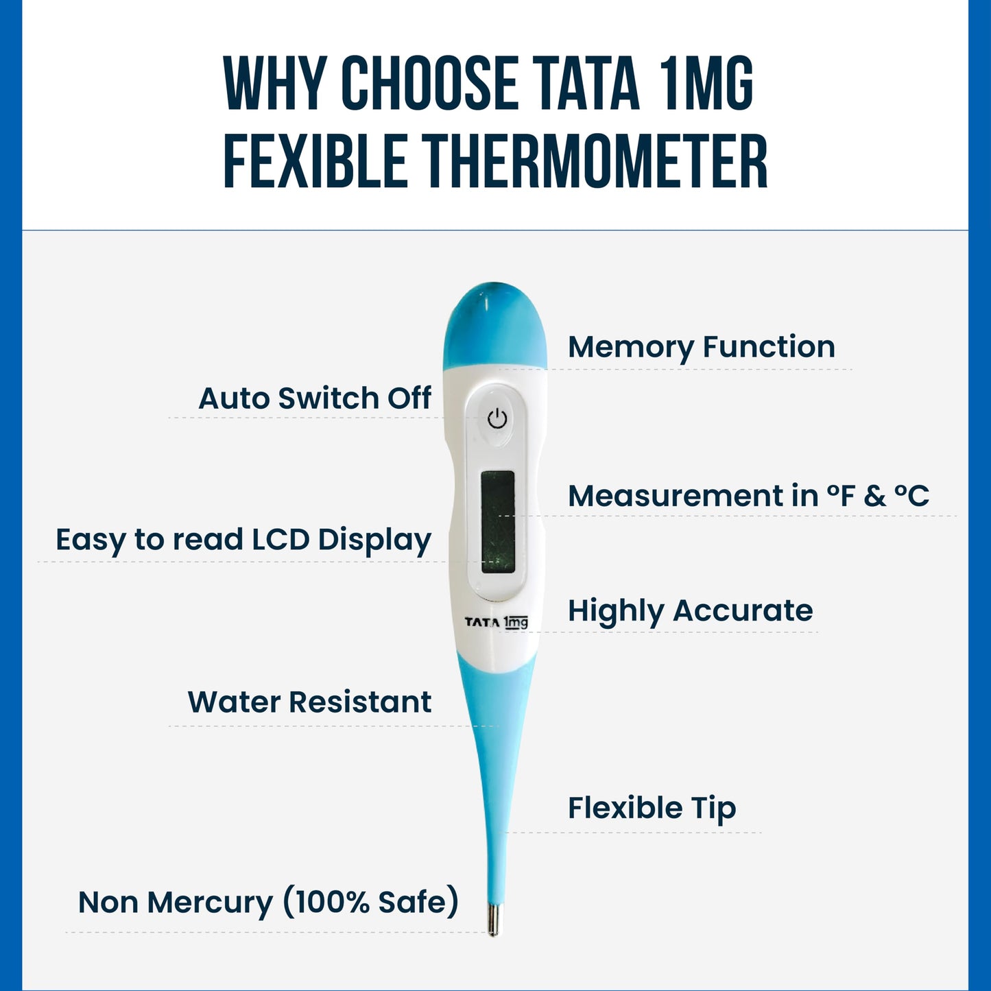 Tata 1mg Flexible Tip Digital Thermometer with One Touch Operation for Children and Adult