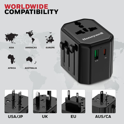 Honeywell New Launch Universal Travel Adapter 12W, 3-in-1 Fast Charging, Universal Socket, TypeC, USBA, Worldwide Wall Charger for EU,US,UK & CN/AUS, Devices, 3Yr Manufacturer Warranty