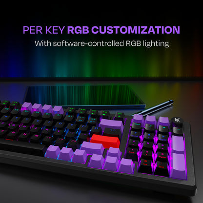 Kreo Hive Wired Full Size RGB Backlight Gaming Mechanical Keyboard, Customizable RGB, Mechanical Switches, NKRO, Metal Volume Knob, 3 Color Keycaps (Black-Purple, Brown Switch)