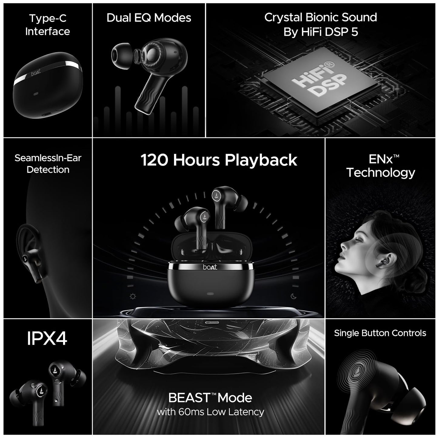 boAt Nirvana Ion Truly Wireless in Ear Ear Buds w/ 120 HRS Playback,Crystal Bionic Sound w/Dual EQ Modes, 4 Mics ENx™ Technology, in Ear Detection, Hearables App, IPX4 Ear Buds TWS (Charcoal Black)