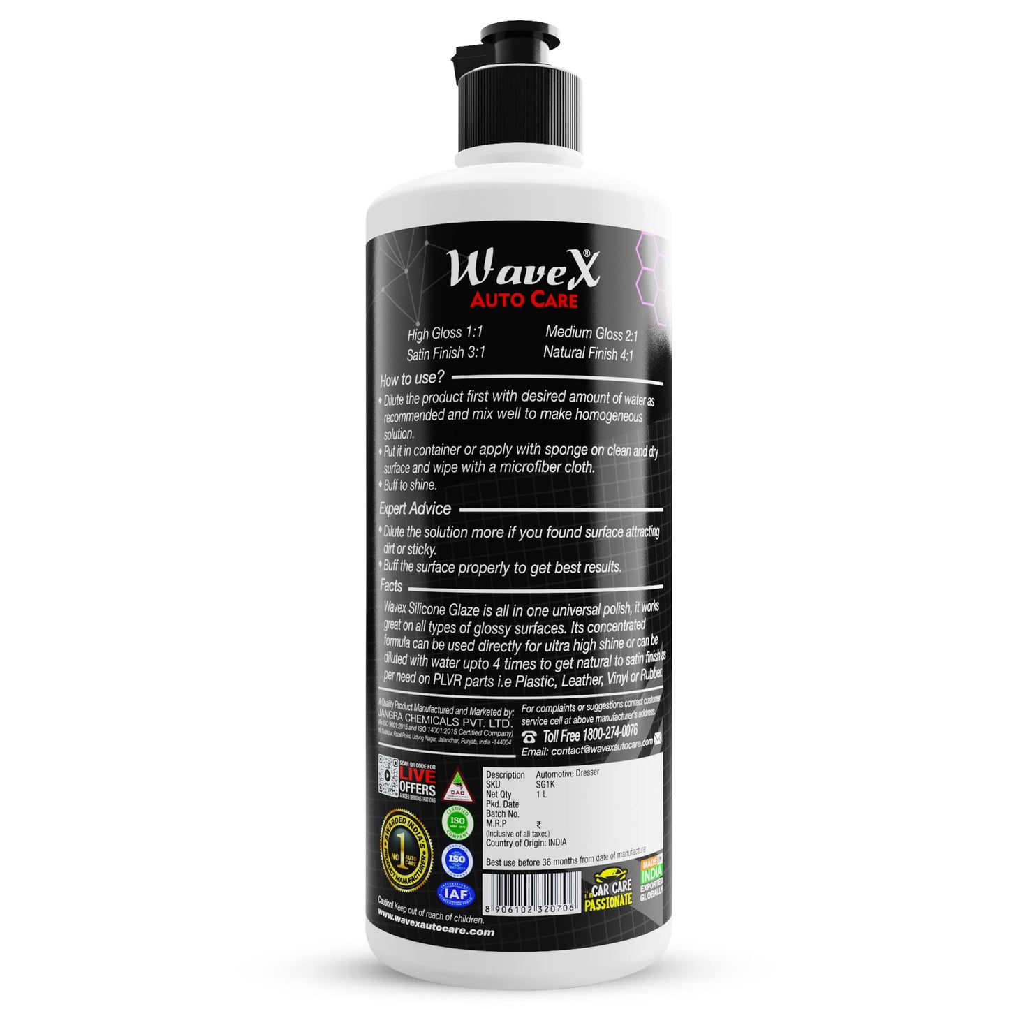 Wavex Plastic Restorer | Silicone Glaze Car Polish Concentrate 1L | Multi Dresser | Dilutes Upto 4:1 for Desired Shine