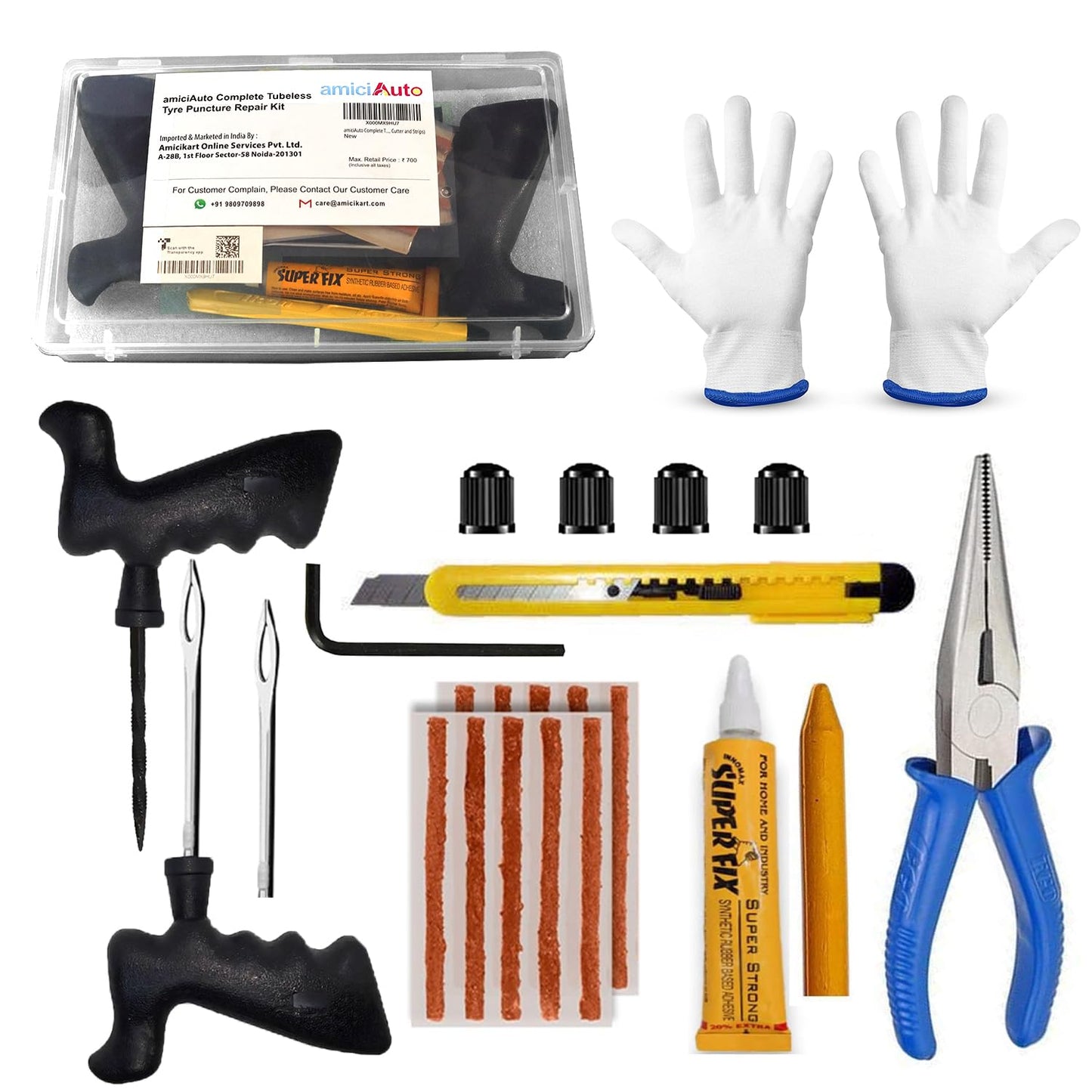 amiciAuto Complete Tubeless Tyre Puncture Repair Kit with Box (Nose Pliers, Cutter and Strips)