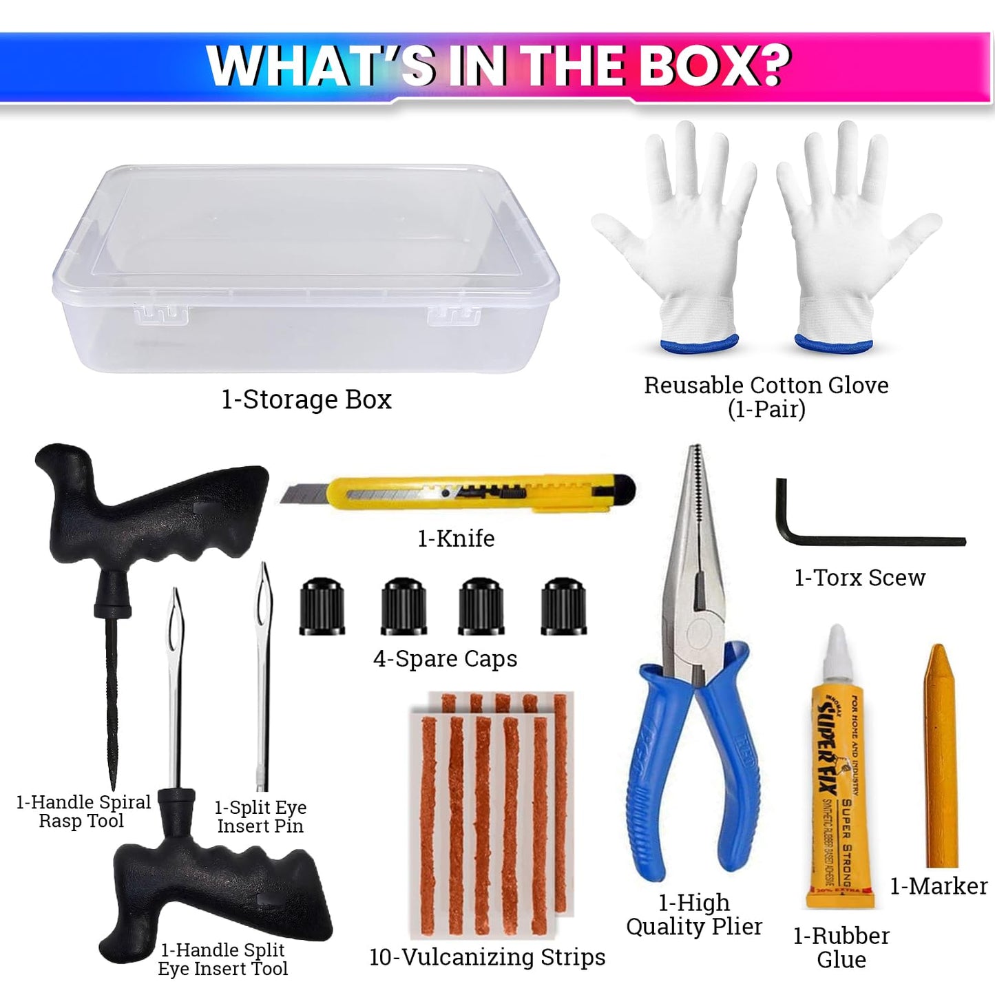 amiciAuto Complete Tubeless Tyre Puncture Repair Kit with Box (Nose Pliers, Cutter and Strips)