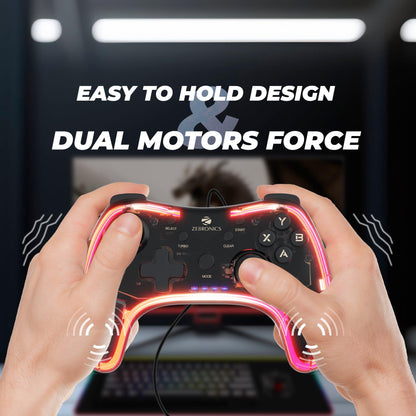 Zebronics MAX FURY Transparent RGB LED Illuminated Wired Gamepad for Windows PC, Android, with Dual analog sticks, Quad front triggers, Dual motors force, Haptic Feedback, Supports X-Input & D-Input.