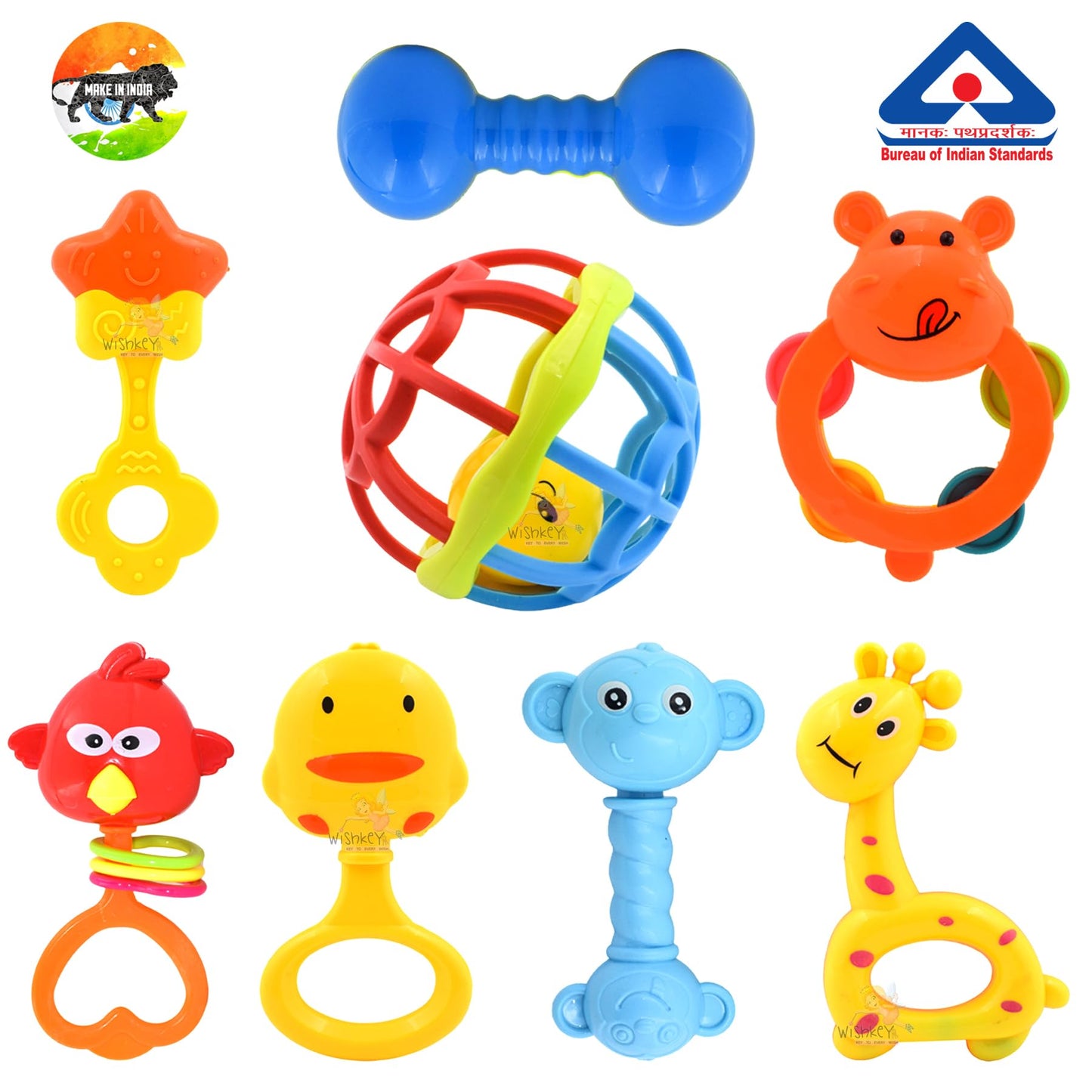 WISHKEY Colorful Attractive Plastic Non Toxic Set of 8 Shake & Grab Rattle BPA Free for New Born and Infants (Pack of 8, Multicolor)