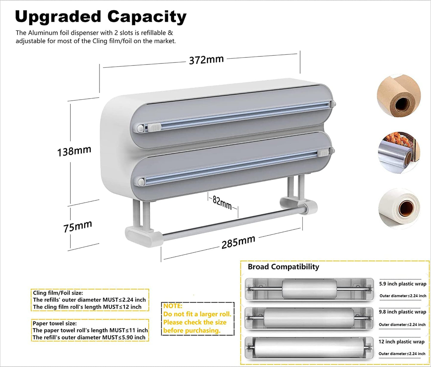 House of Quirk Magnetic Plastic Wrap Dispenser with Cutter, 3 in 1 Aluminum Foil and Plastic Wrap Organizer with Paper Towel Holder, Compatible with Cling Film, Tin Foil and Wax Paper (Grey)