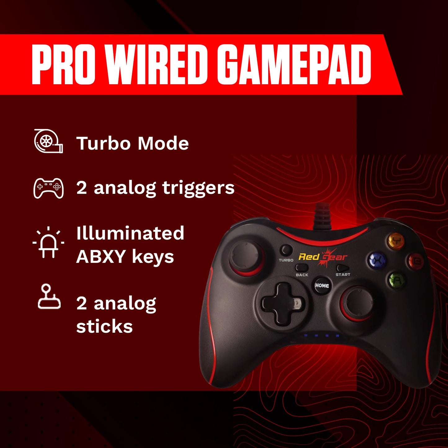 Redgear Pro Series Wired Gamepad with Integrated Force Feedback, Illuminated ABXY Keys, Ergonomically Design, 1.8m USB Cable for PC