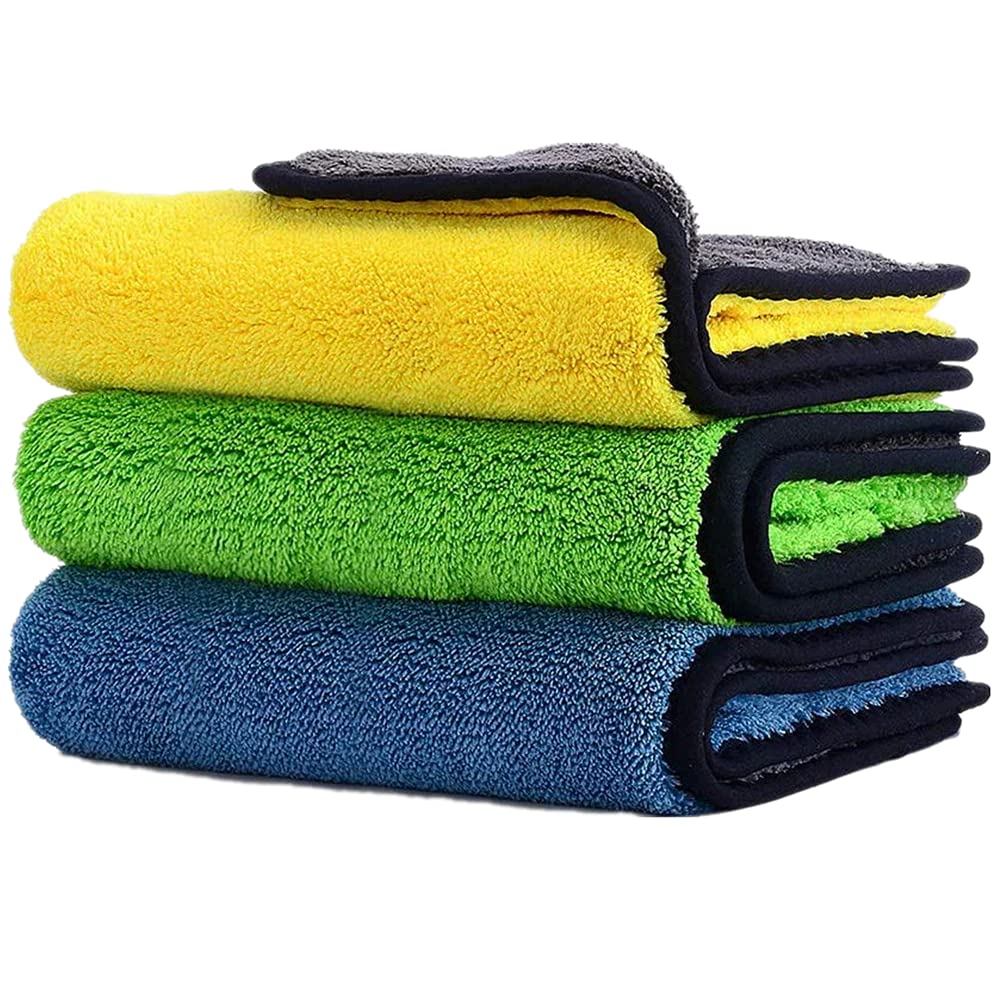 Auto Hub Microfiber Cloth for Car, Double Sided, Extra Thick Plush Microfiber Cloth, Lint-Free, 800 GSM (Size 30cm x 40cm)/Pack of 3, Color: Blue, Yellow, Green, Car Cleaning Cloth