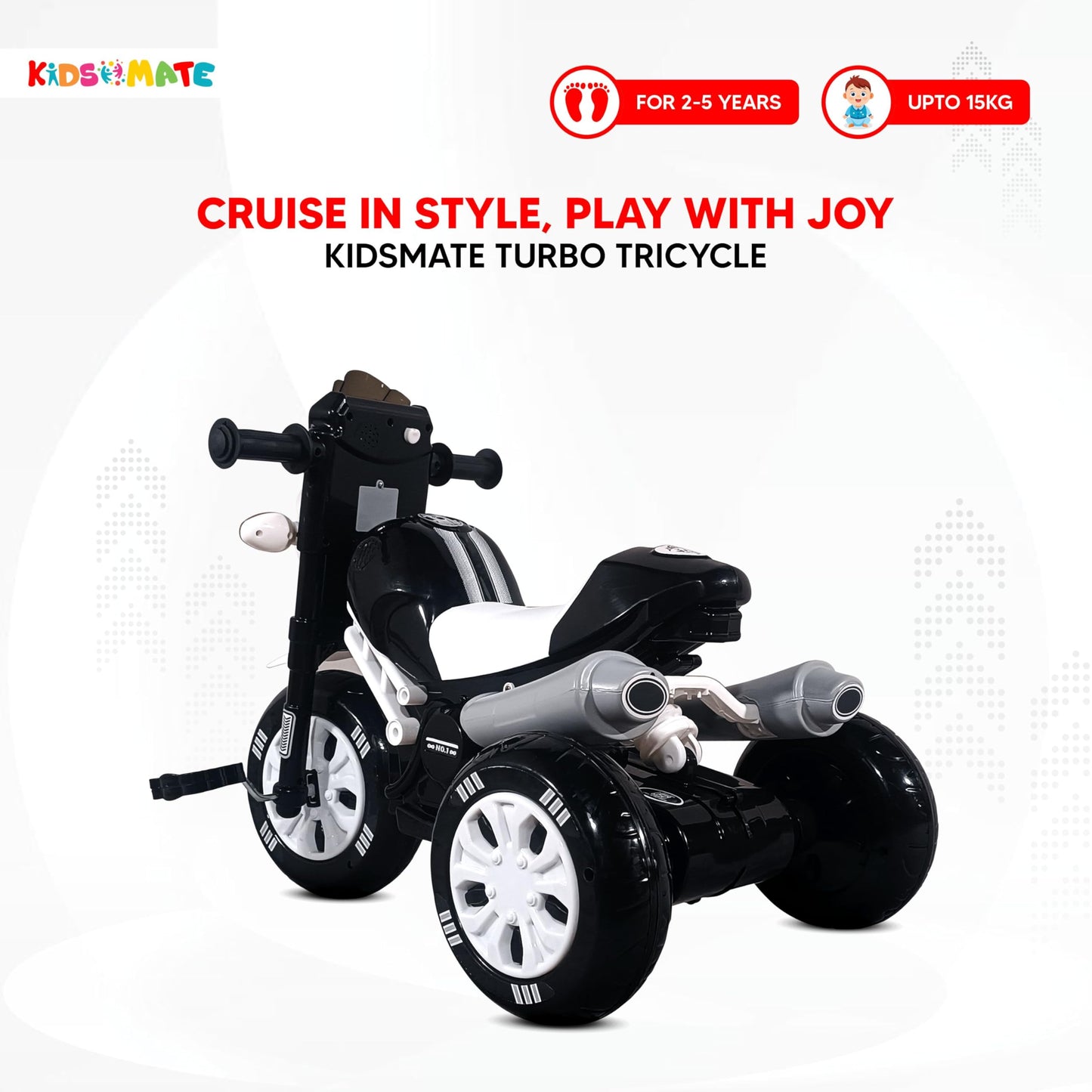 Kidsmate Turbo Bike Pedal Tricycle for Kids | Musical Horn & Lights | Ages 3-6 | Black-White