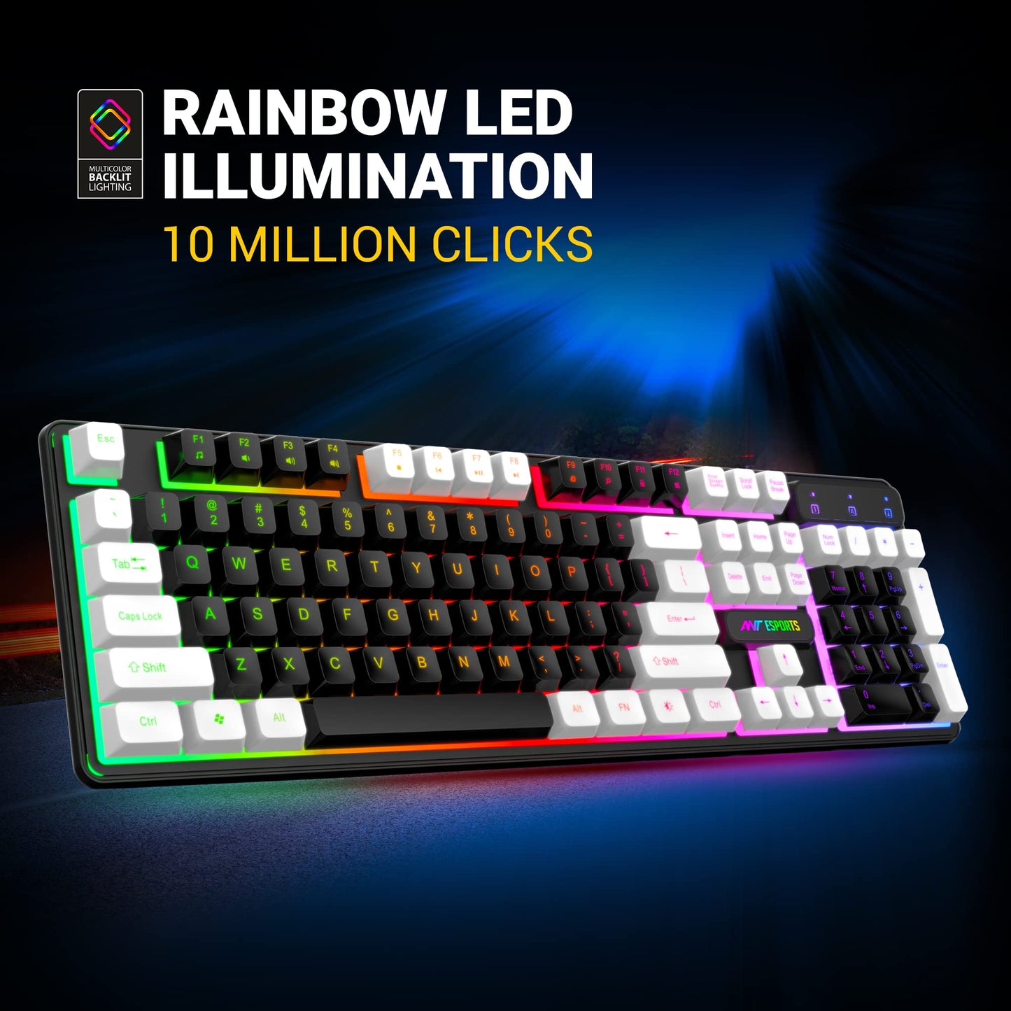 Ant Esports MK1400 Pro Backlit Membrane Wired Gaming Keyboard with Mixed Colour Lighting, White & Black Keycaps, Double Injection Key Caps - Black