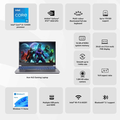 Acer ALG Gaming Laptop 12th Gen Intel Core i5 Processor (16GB RAM/1TB SSD/6GB RTX3050 Graphics/144Hz/Win11Home/Wifi 6) AL15G-52, 39.62cm (15.6") FHD Display, Premium Metal Body, Steel Gray, 1.99KG