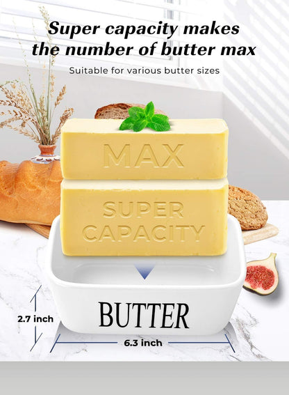 Ceramic Butter Dish with Wooden Large Butter Box Container Keeper Storage with Stainless Steel Butter Knife Spreader, Multi (White)