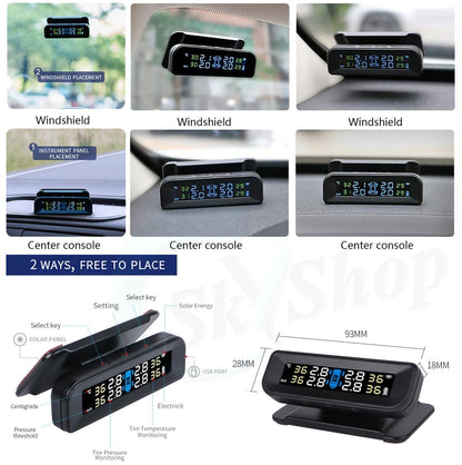 Skyshop® Solar C260 (Voice Alert) Windshield USB/Solar TPMS (Car Tyre Pressure Monitoring System) Suitable for All Car with 4 Tires Sensors PSI & Temperature Display (External)