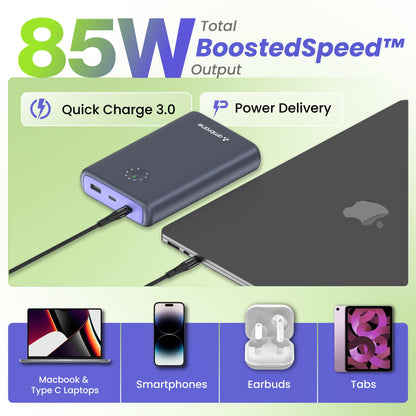 Ambrane 85W Fast Charging Powerbank for MacBook, Type C Laptop & Mobile Charging, 20,000mAh Battery, Triple Output, Power Delivery & Quick Charge (Powerlit Ultra lite, Black)