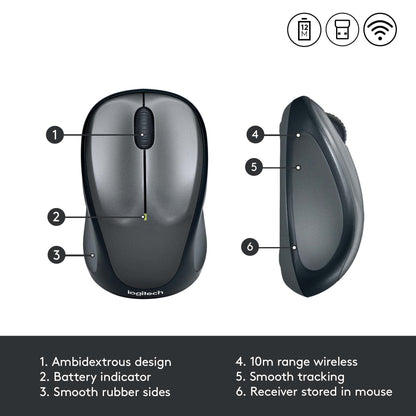 Logitech M235 Wireless Mouse, 1000 DPI Optical Tracking, 12 Month Life Battery, Compatible with Windows, Mac, Chromebook/PC/Laptop - Grey