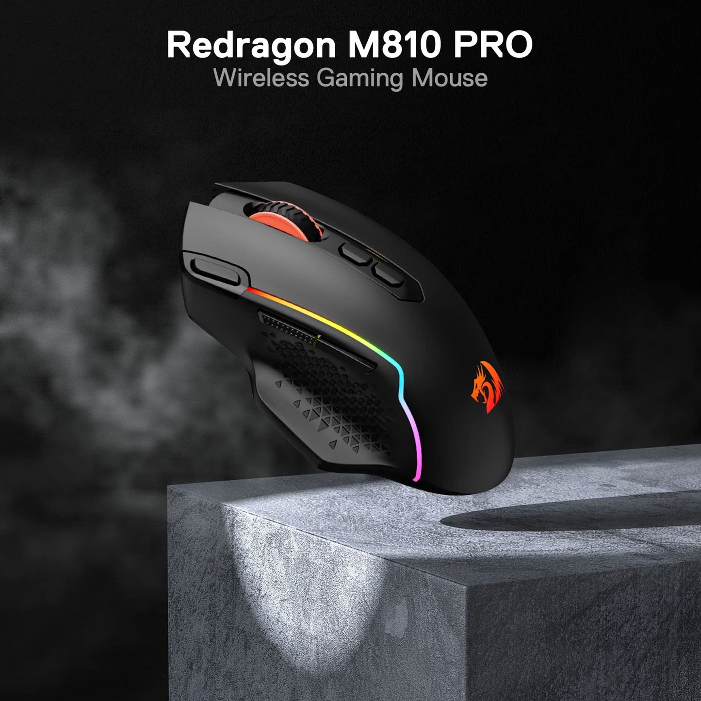 Redragon M810 Pro Wireless Gaming Mouse, 10000 DPI Wired/Wireless Gamer Mouse w/Rapid Fire Key, 8 Macro Buttons, 45-Hour Durable Power Capacity and RGB Backlit for PC/Mac/Laptop