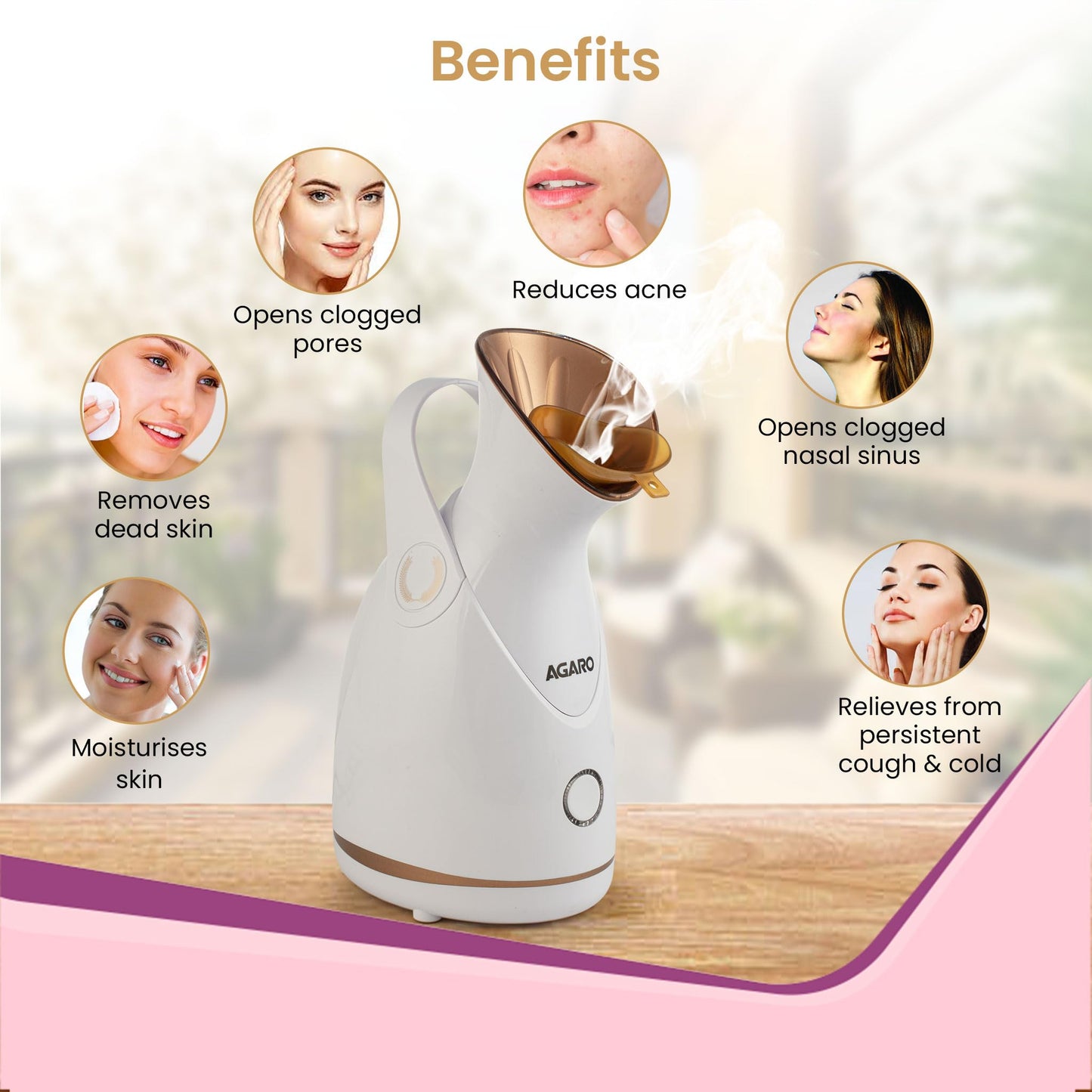 AGARO Facial Steamer With Nano Ionic HotSteaming Technology, Hot Mist Moisturizing, Opening Skin Pores,100 Ml Water Tank, Home Sauna Spa For Adult, Kids (FS2117,Rose Gold)