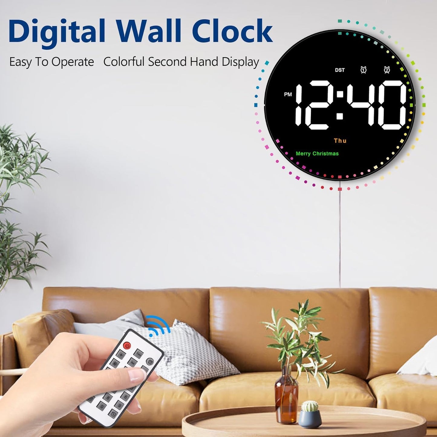 Monomine Digital Wall Clock,10" Digital Clock Large Display with Remote Control,Adjustable Brightness, Calendar, Temperature, 12/24 H, for Living Room Office Bedroom (Cable Oprated)