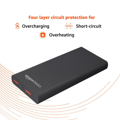 Amazon Basics 10000mAh 22.5W Fast Charging Power Bank with Cable | Triple Output Ports |Dual Input Ports | Lithium Polymer Power Bank | Compact Metal Body (Black)