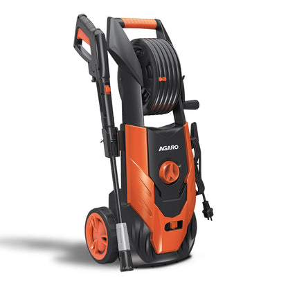 AGARO Royal High Pressure washer, 1800 Watts Motor, 140 Bars, 7L/Min Flow Rate, 5 Meters Outlet Hose, Upright Design With Wheel, For Car, Bike and Home Cleaning Purpose, Turbo Nozzle, Black and Orange