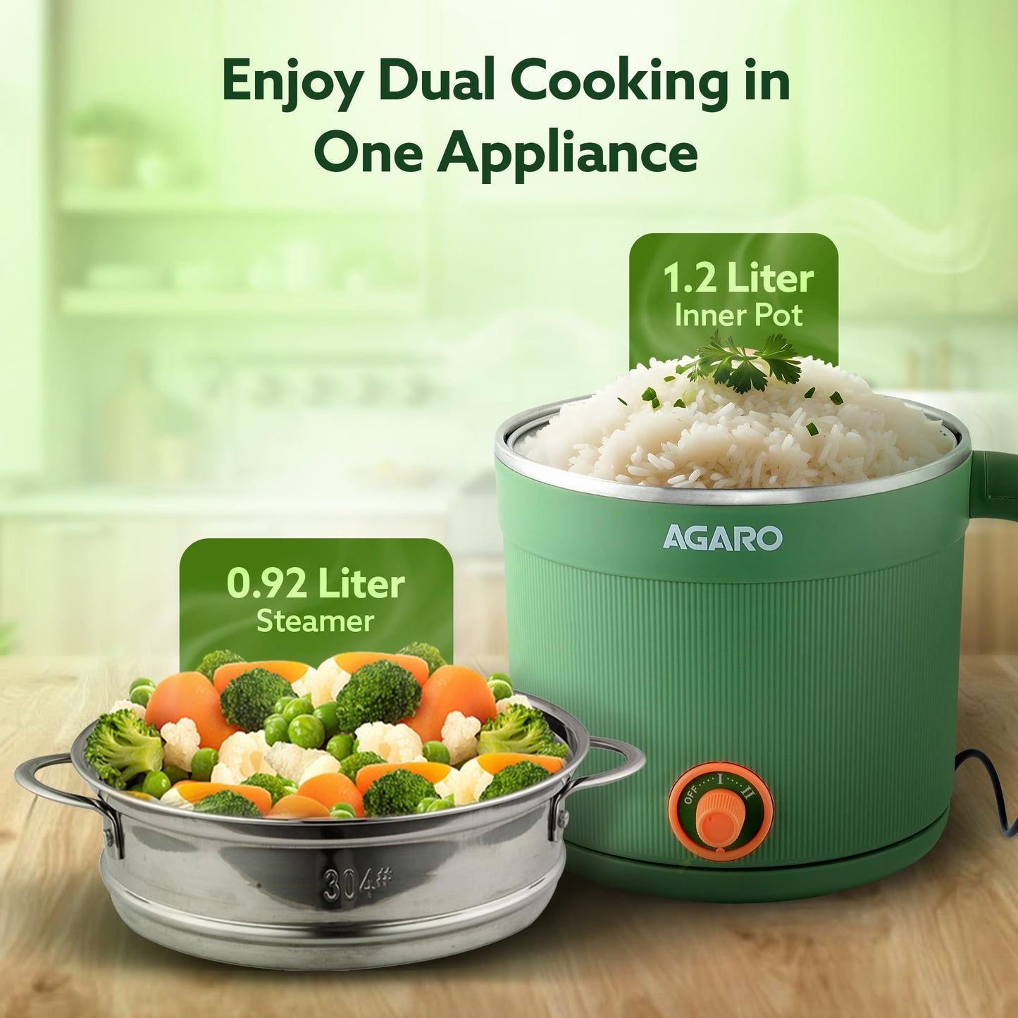 AGARO Regency Multi Cook Kettle With Steamer, 1.2L Inner Pot, Double Layered Body, Variable Temperature Settings, Wide Mouth, Boiling, Steaming, Tea, Coffee, Egg, Vegetable Boiling, 600W, Sea Green