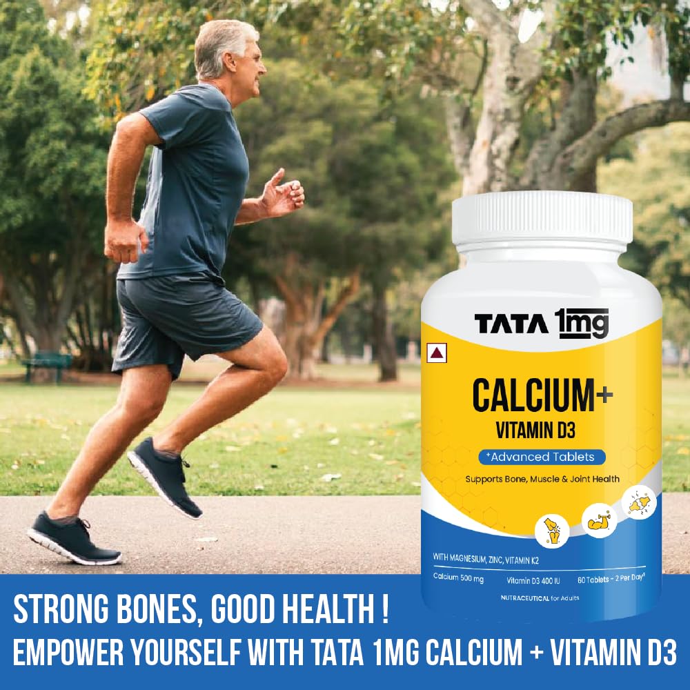 TATA 1mg Calcium & Vitamin D3 supplement with Zinc, Magnesium & Alfalfa | High absorption Calcium Citrate Maleate form | 500mg Calcium & 400iu Vitamin D3 | For strong bones & joints | 60 tablets