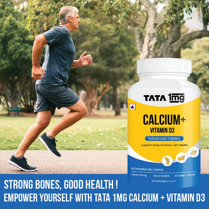 TATA 1mg Calcium & Vitamin D3 supplement with Zinc, Magnesium & Alfalfa | High absorption Calcium Citrate Maleate form | 500mg Calcium & 400iu Vitamin D3 | For strong bones & joints | 60 tablets